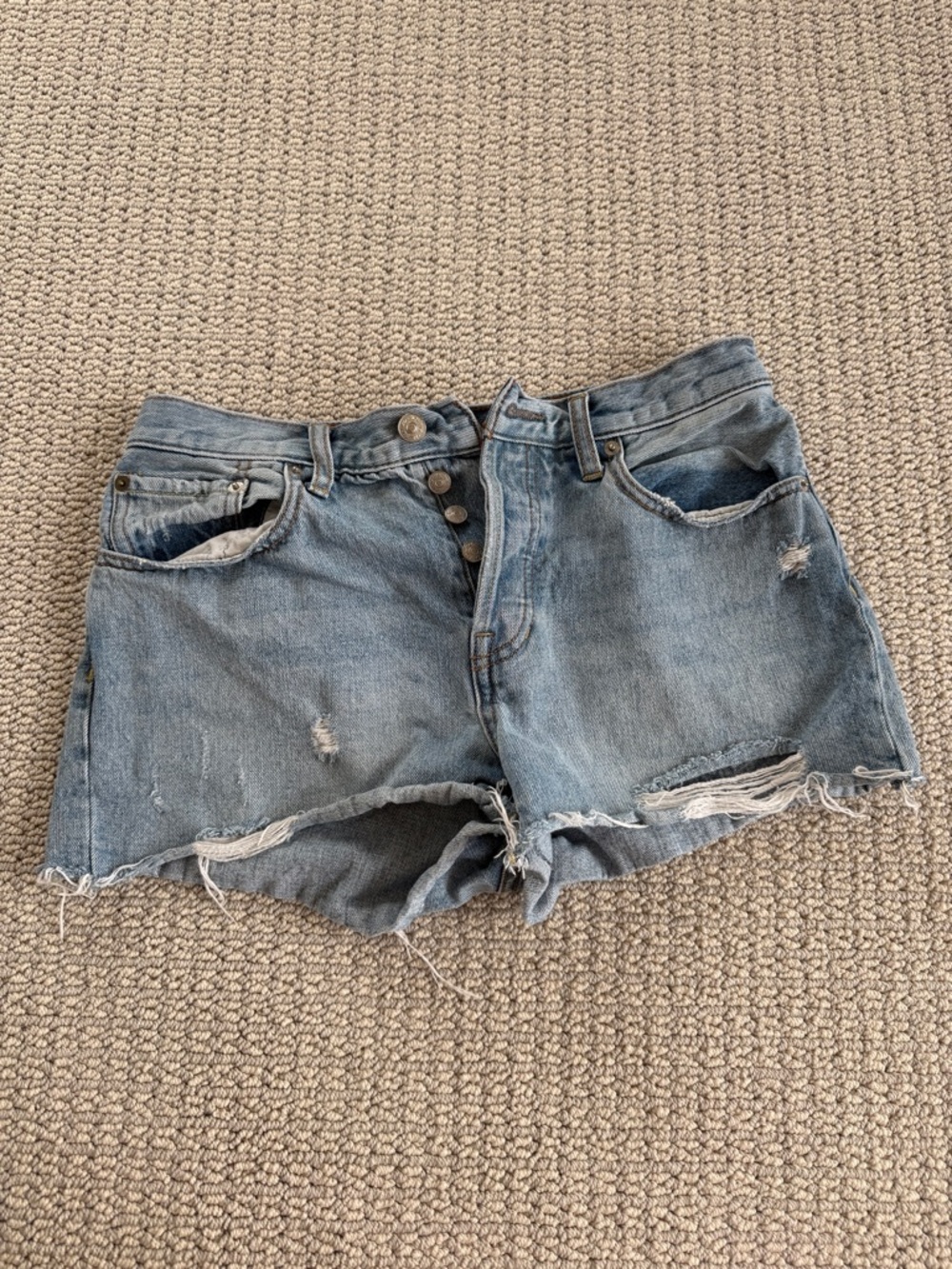 We The Free Distressed Light Blue High-Rise Denim Shorts
